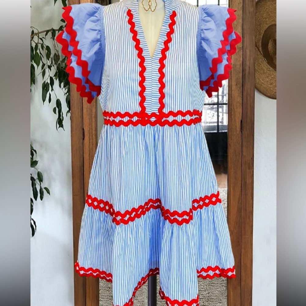 Blue and Red Striped Midi Dress